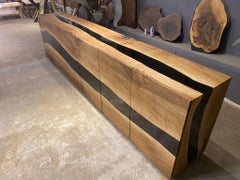 Sculptural Handcrafted Live Edge Walnut & Black Epoxy Statement Console