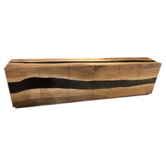 Sculptural Handcrafted Live Edge Walnut & Black Epoxy Statement Console