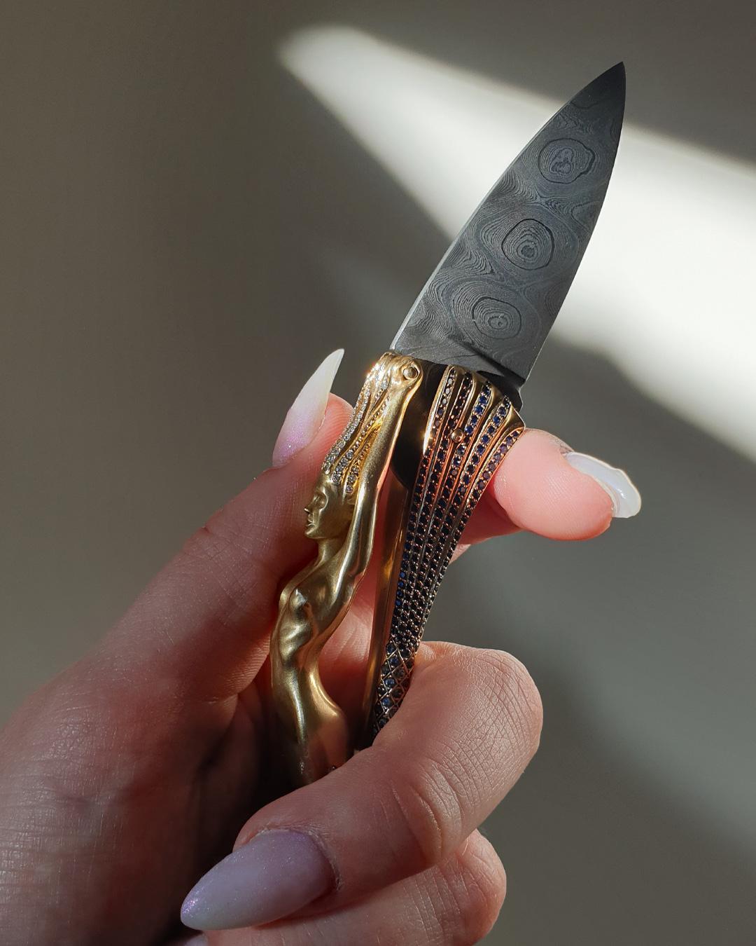 Modern Sculptural Handcrafted Mermaid Knife, 18k Rose Gold, Layered Damast, Diamonds For Sale