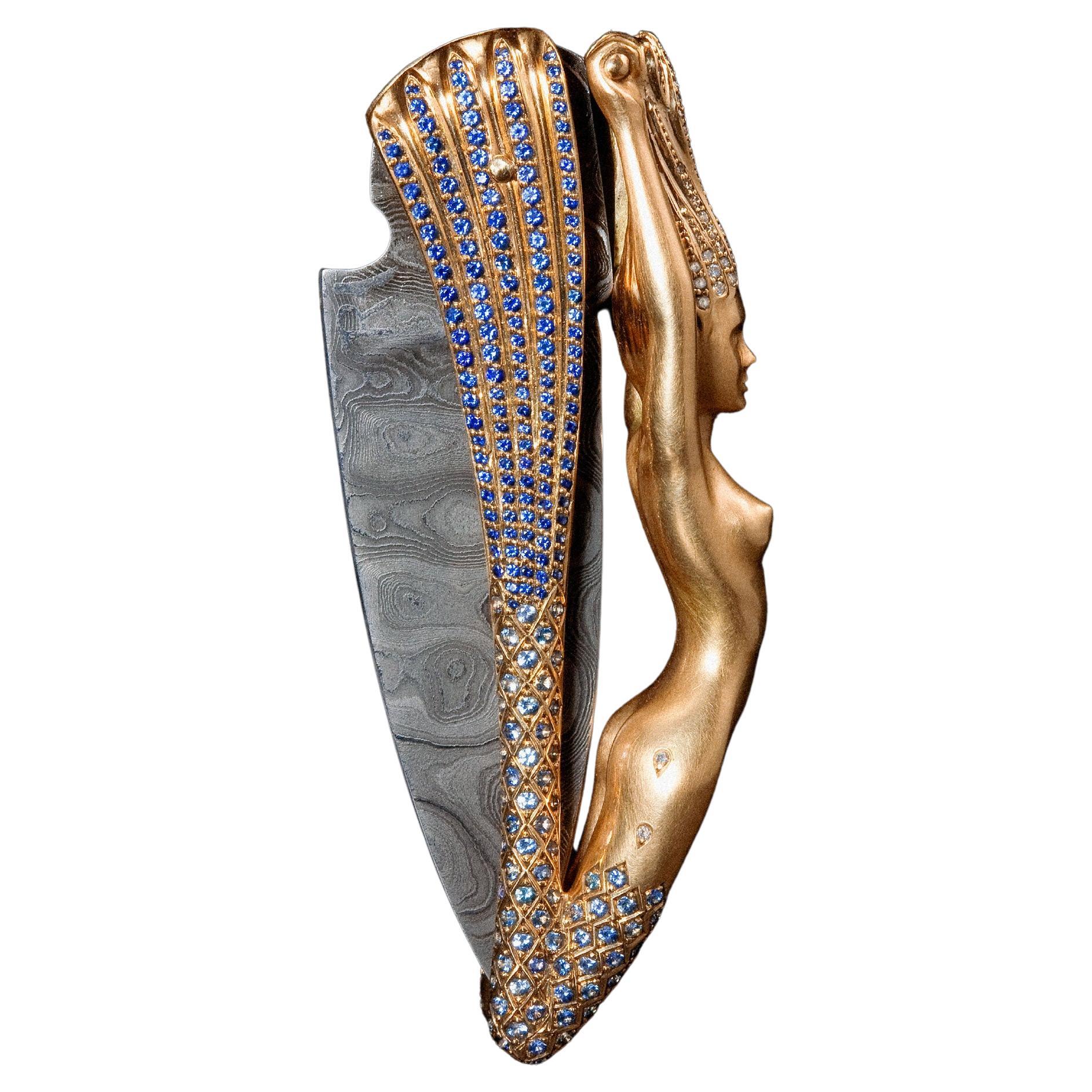 Sculptural Handcrafted Mermaid Knife, 18k Rose Gold, Layered Damast, Diamonds For Sale