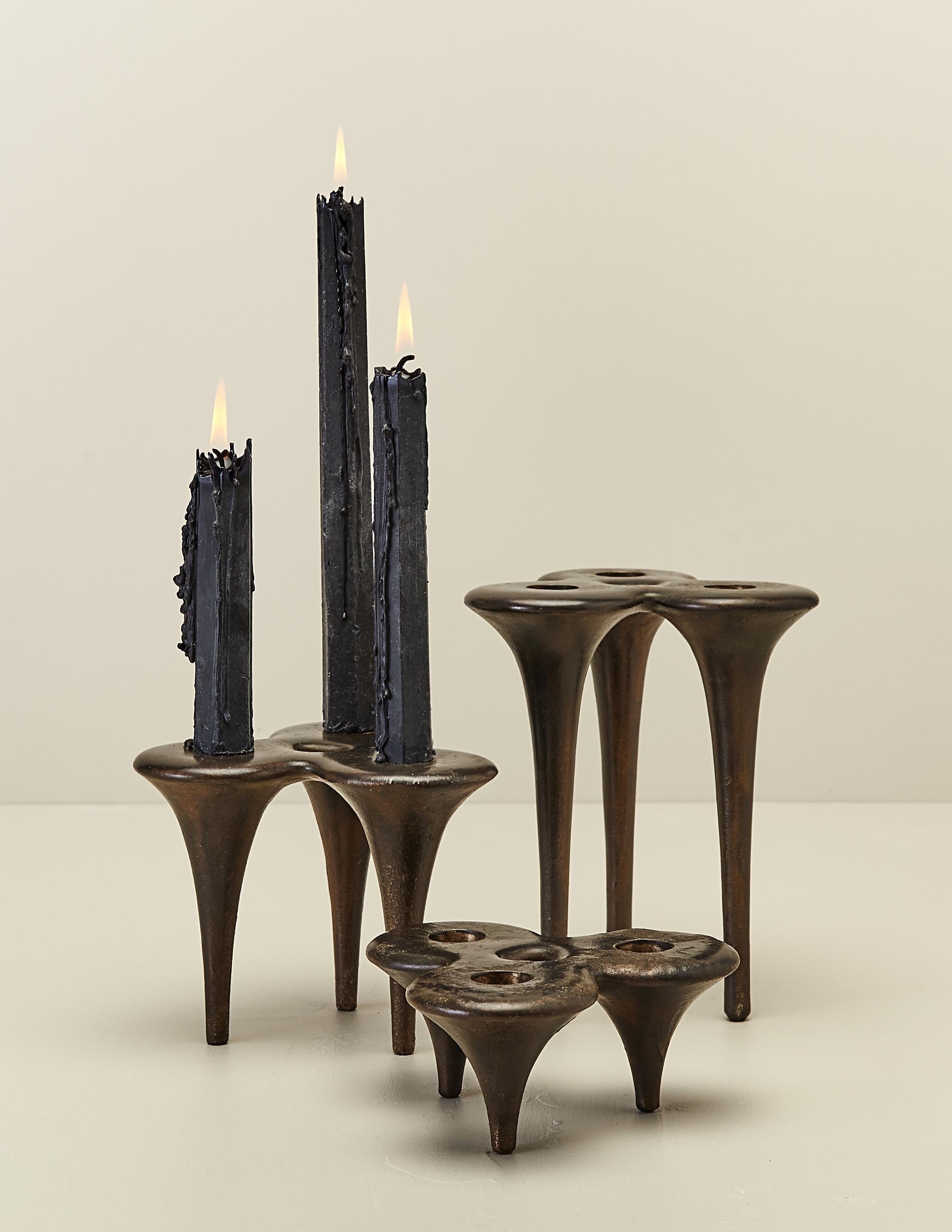 Sculptural Handcrafted Sand Cast Bronze Candlesticks 'Set of 3' In New Condition For Sale In Sharon, CT