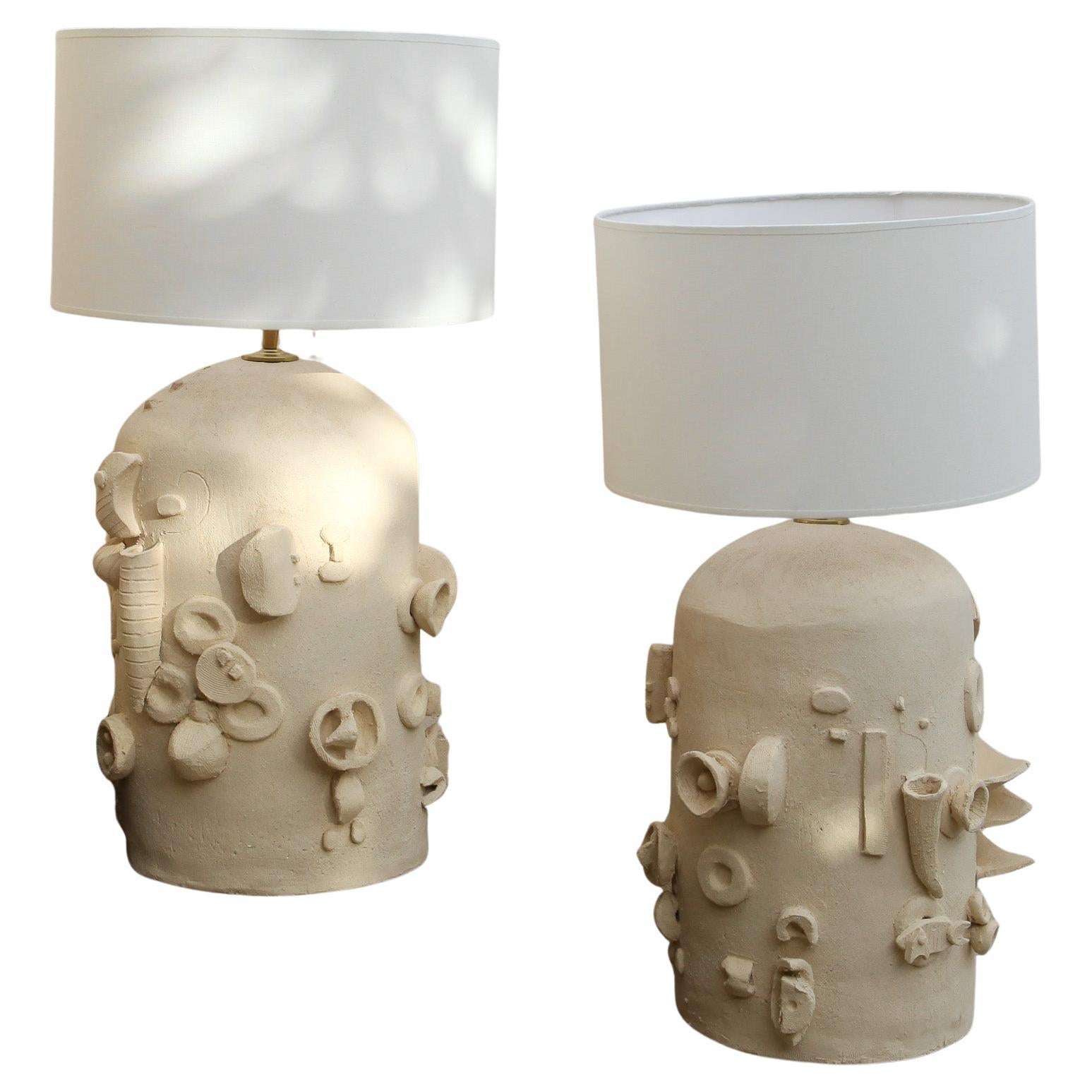 Sculptural handmade ceramic table lamps set of two, brutalist design, 1970's sty