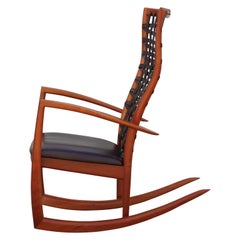 Sculptural Modern Handmade Cherrywood and Woven Leather Rocking Chair