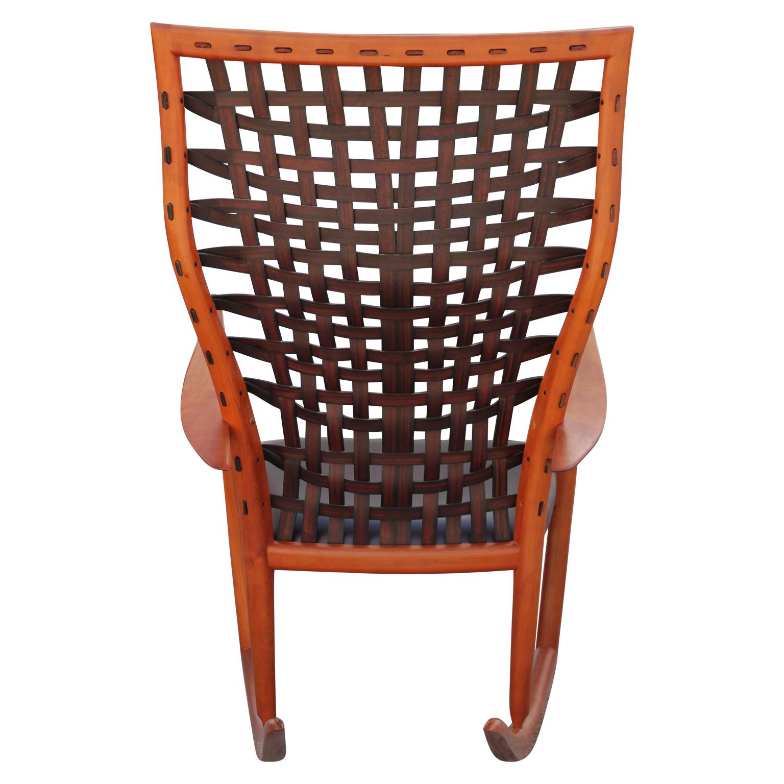 Sculptural Modern Handmade Cherrywood and Woven Leather Rocking Chair (Moderne)