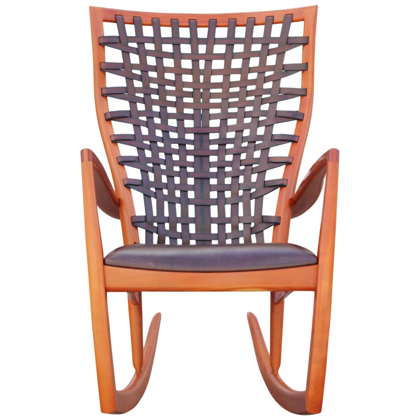 Sculptural Modern Handmade Cherrywood and Woven Leather Rocking Chair