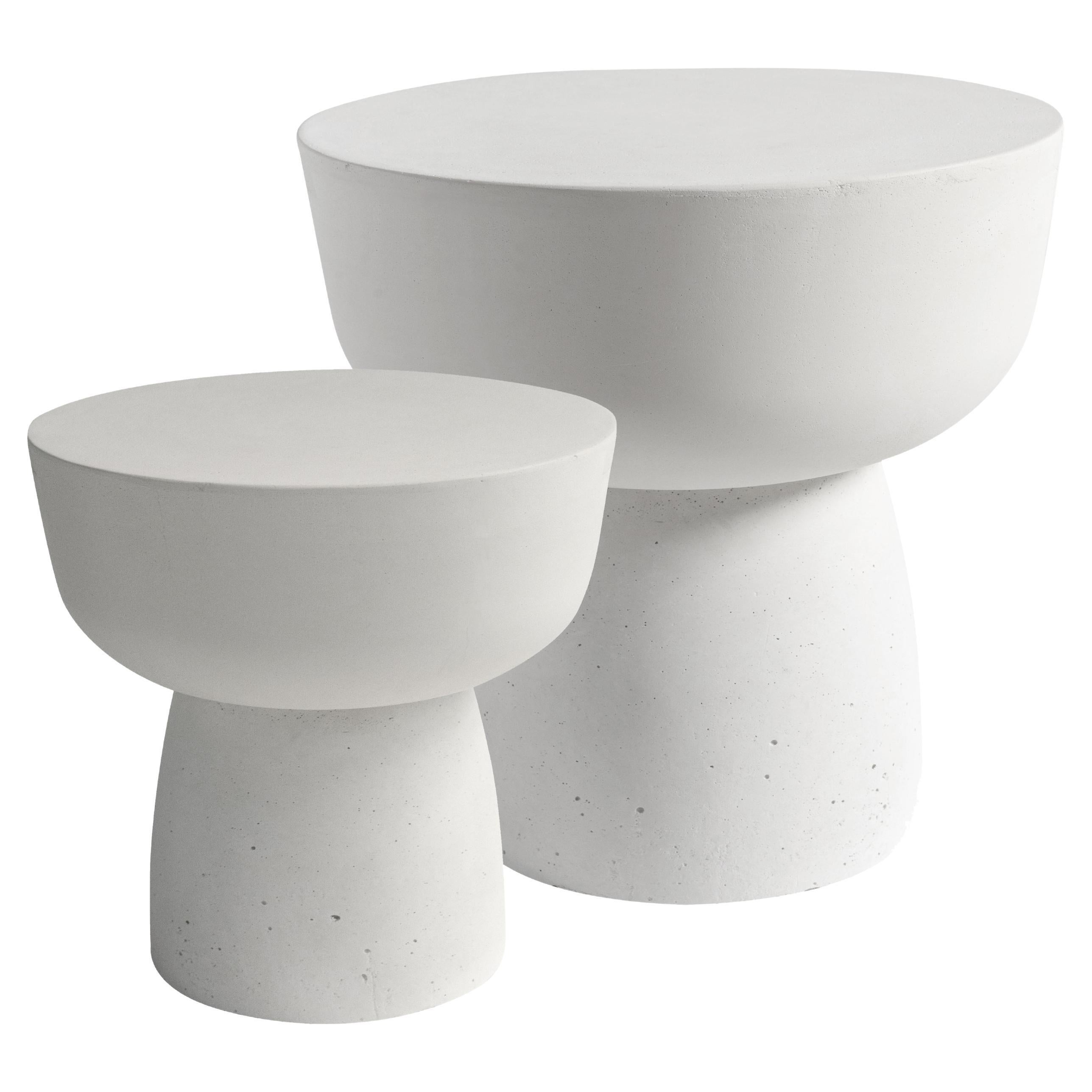 Set of 2 Organic Modern MUSHROOM SOLID' tables Tall & Low in white cast stone For Sale