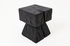 Sculptural Hardwood Side Table, Stool, Charred Wood, Hand-Carved, Logniture
