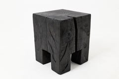 Sculptural Hardwood Side Table, Stool, Charred Wood, Hand-Carved, Logniture