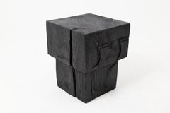 Sculptural Hardwood Side Table, Stool, Charred Wood, Hand-Carved, Logniture