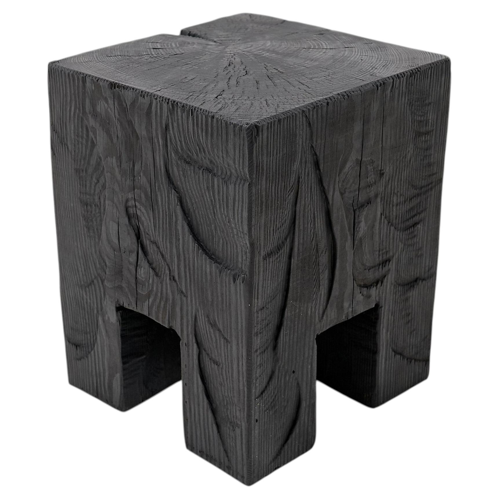 Sculptural Hardwood Side Table, Stool, Charred Wood, Hand-Carved, Logniture