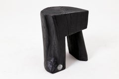 Sculptural Hardwood Stool, Side Table, Charred Wood, Hand-Carved, Logniture