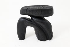 Sculptural Hardwood Stool, Side Table, Charred Wood, Hand-Carved, Logniture