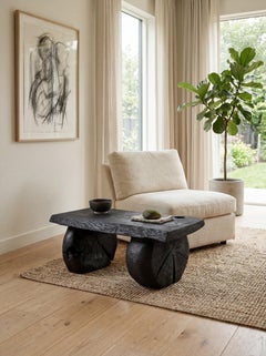 Sculptural Hardwood Stool, Side Table, Charred Wood, Hand-Carved, Logniture