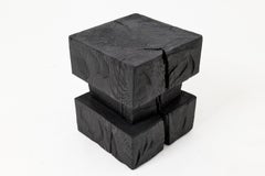 Sculptural Hardwood Stool, Side Table, Charred Wood, Hand-Carved, Logniture
