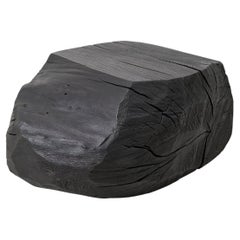 Sculptural Hardwood Stool, Side Table, Charred Wood, Hand-Carved, Logniture