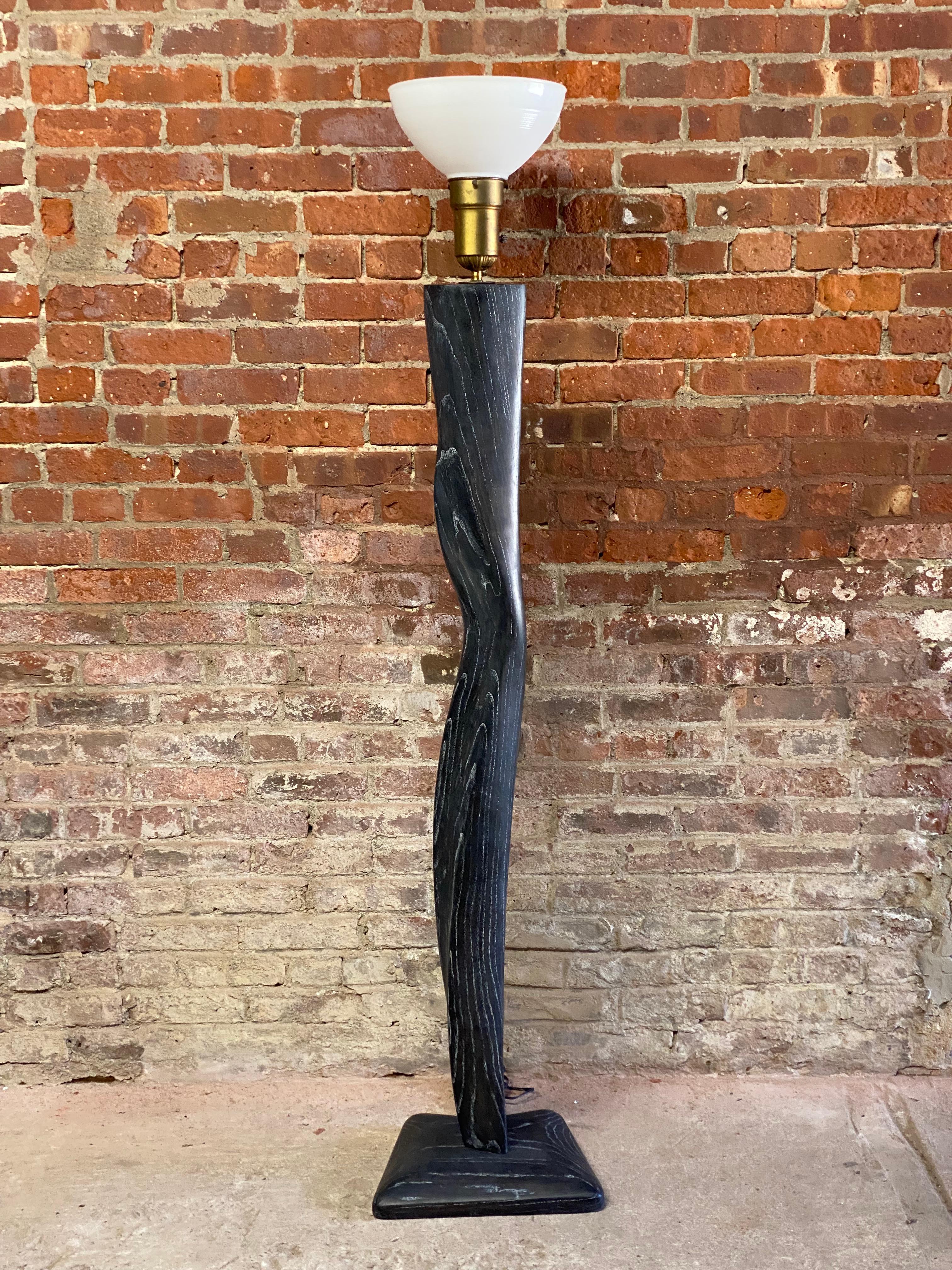 Ebonized and limed oak Heifetz floor lamp. Sensual and curvy oak shaft and base with milk glass diffuser. Circa 1950. Rewired and room ready. New ceramic socket.

Good overall condition with minor wear and light scratches. 

Approximate overall
