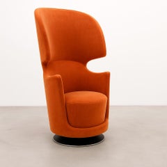 Sculptural High-Back Swivel Chair Upholstered in Rich Flamingo Orange Velvet