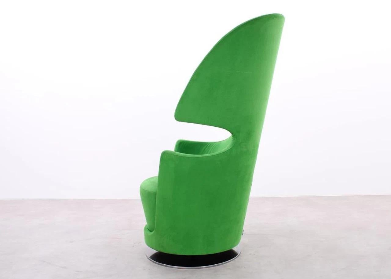 Modern Sculptural High-Back Swivel Chair Upholstered in Rich Flamingo Orange Velvet For Sale