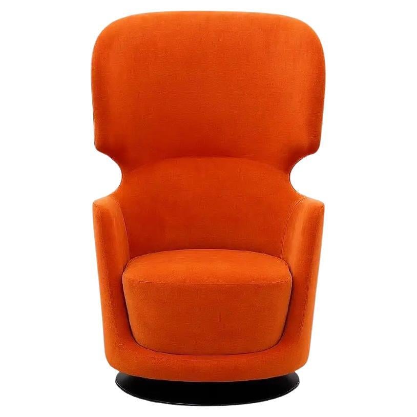 Sculptural High-Back Swivel Chair Upholstered in Rich Flamingo Orange Velvet For Sale