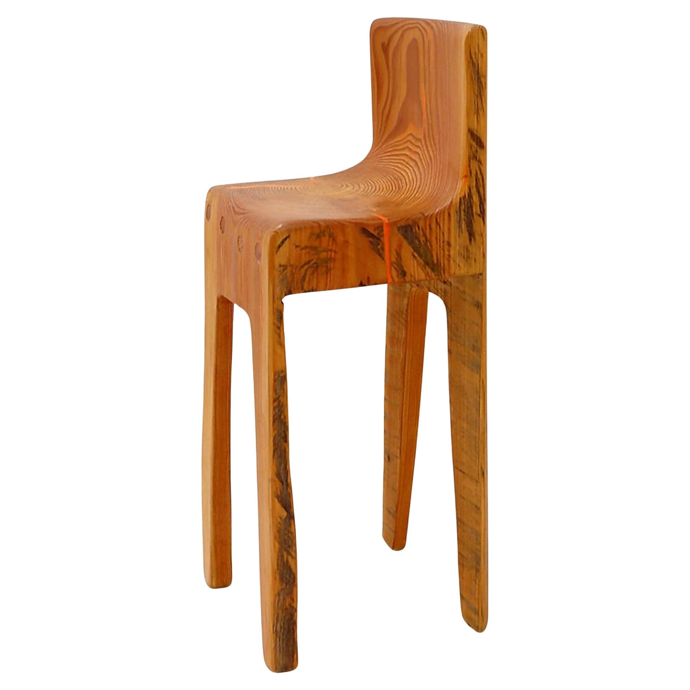 Sculptural high chair in brutalist style in solid oak inspired by wabi-sabi