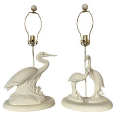 Sculptural Hollywood Palm Regency Chinoiserie Crane Bird Lamps, Pair
