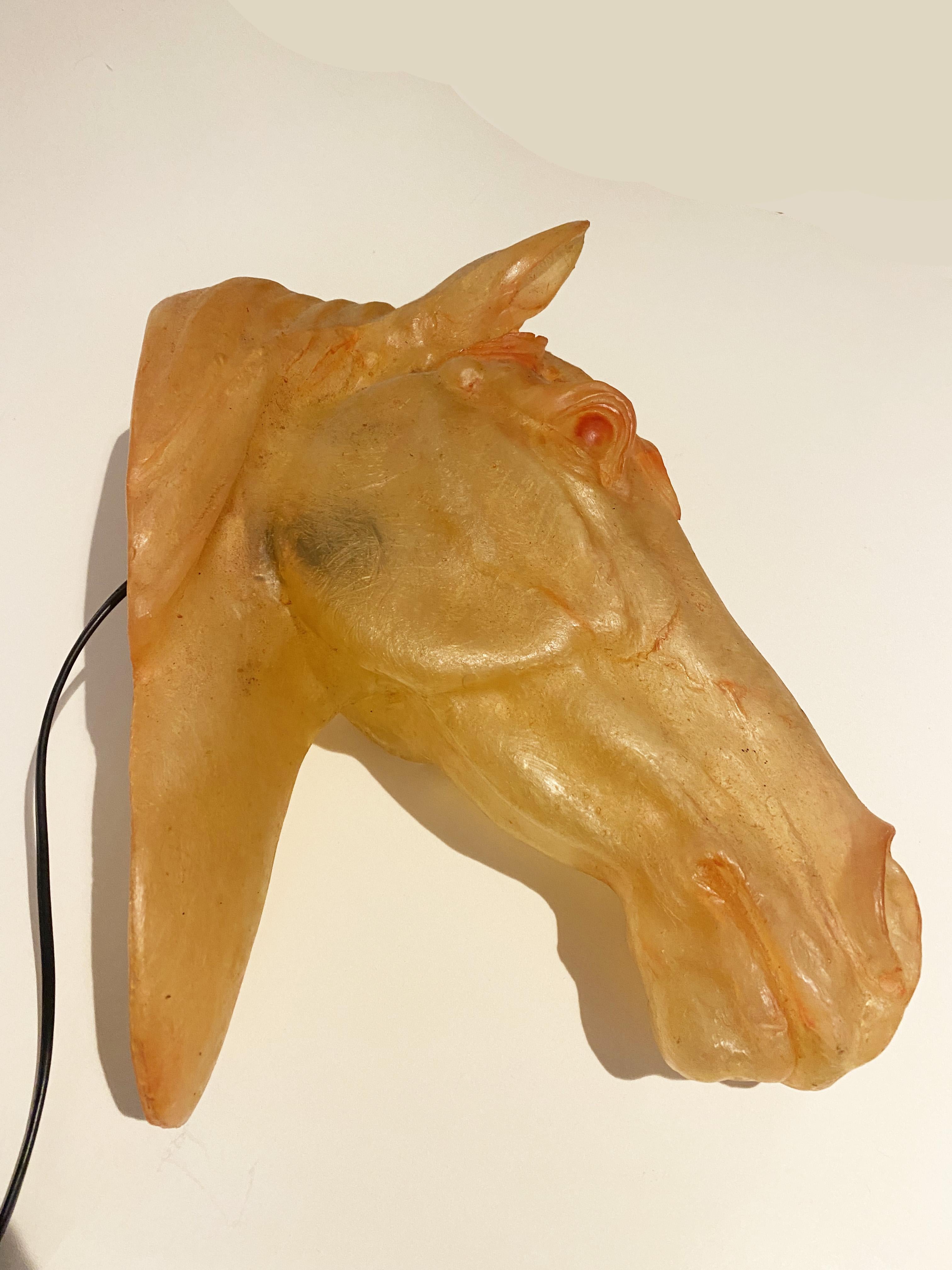 Sculptural Horse Head Wall Lamp or Sconce in fiberglass, in the style of André Cazenave, 1970s.
Good condition, some defects.
