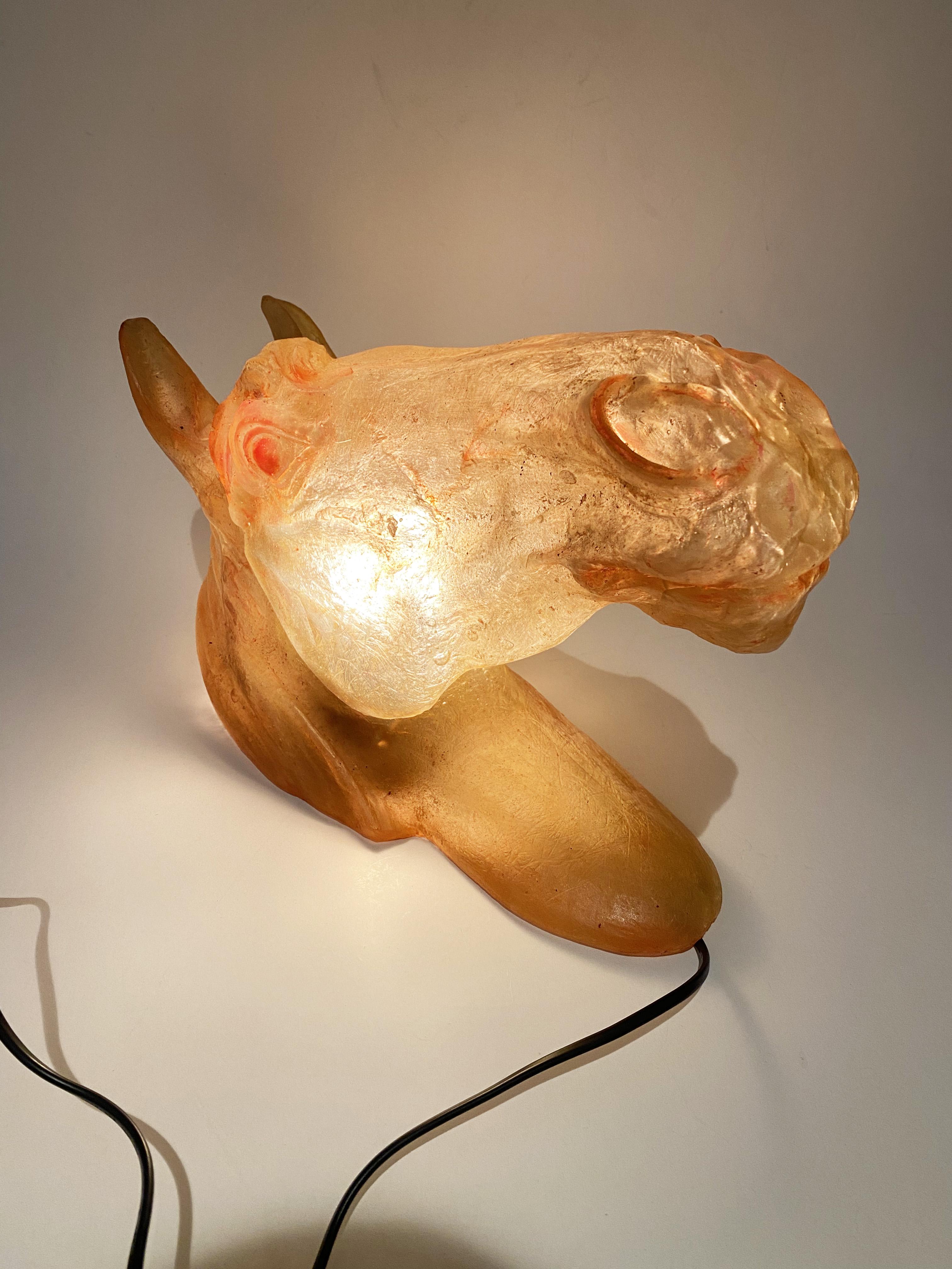 French Sculptural Horse Head Wall Lamp or Sconce in fiberglass, Cazenave style, 1970s. For Sale