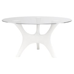 Table de salle à manger sculpturale pour l'intérieur/extérieur avec plateau en verre