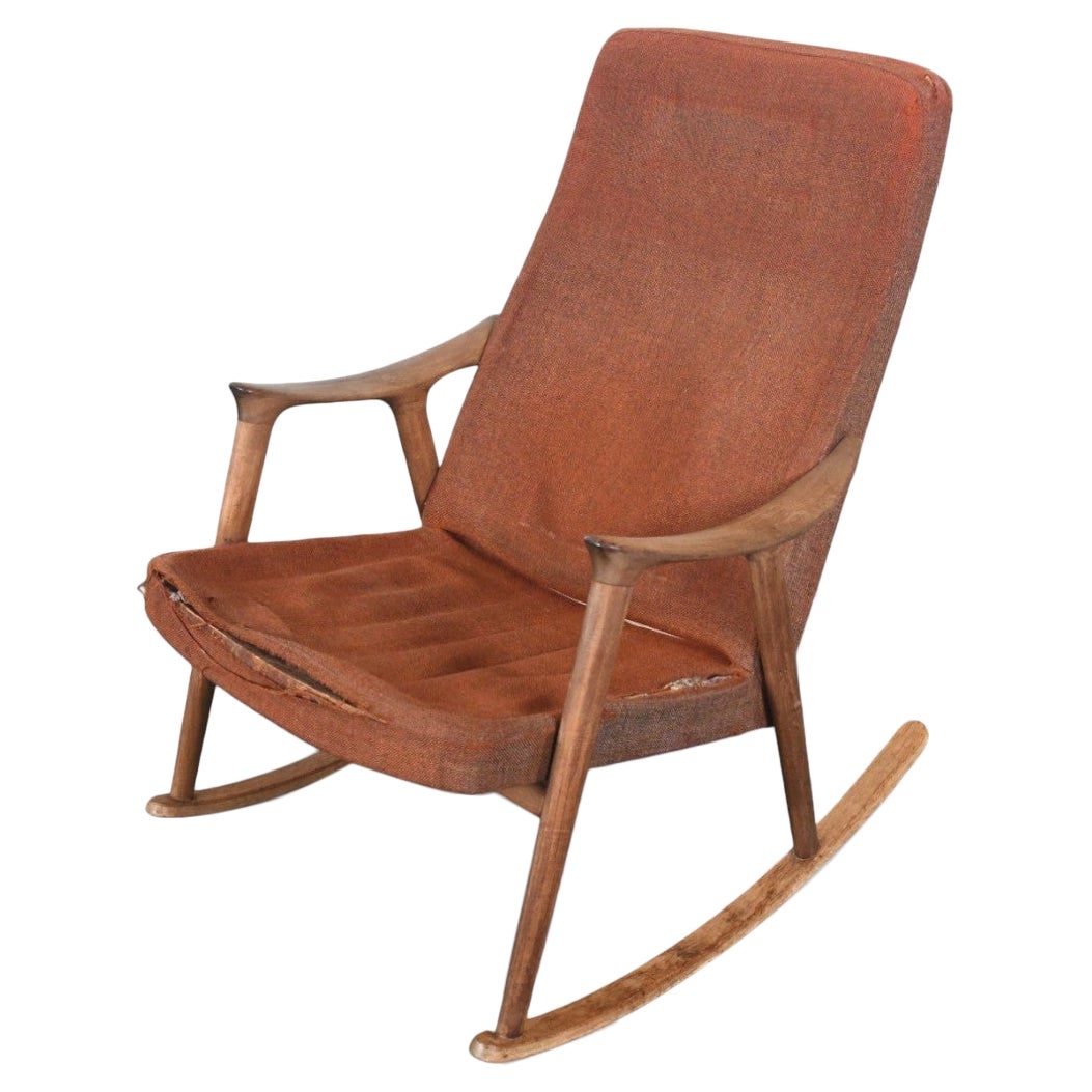 Igmar Relling Rocking Chair Sculptural Ingmar Relling Teak + Wool Rocking Chair For Sale at 1stDibs