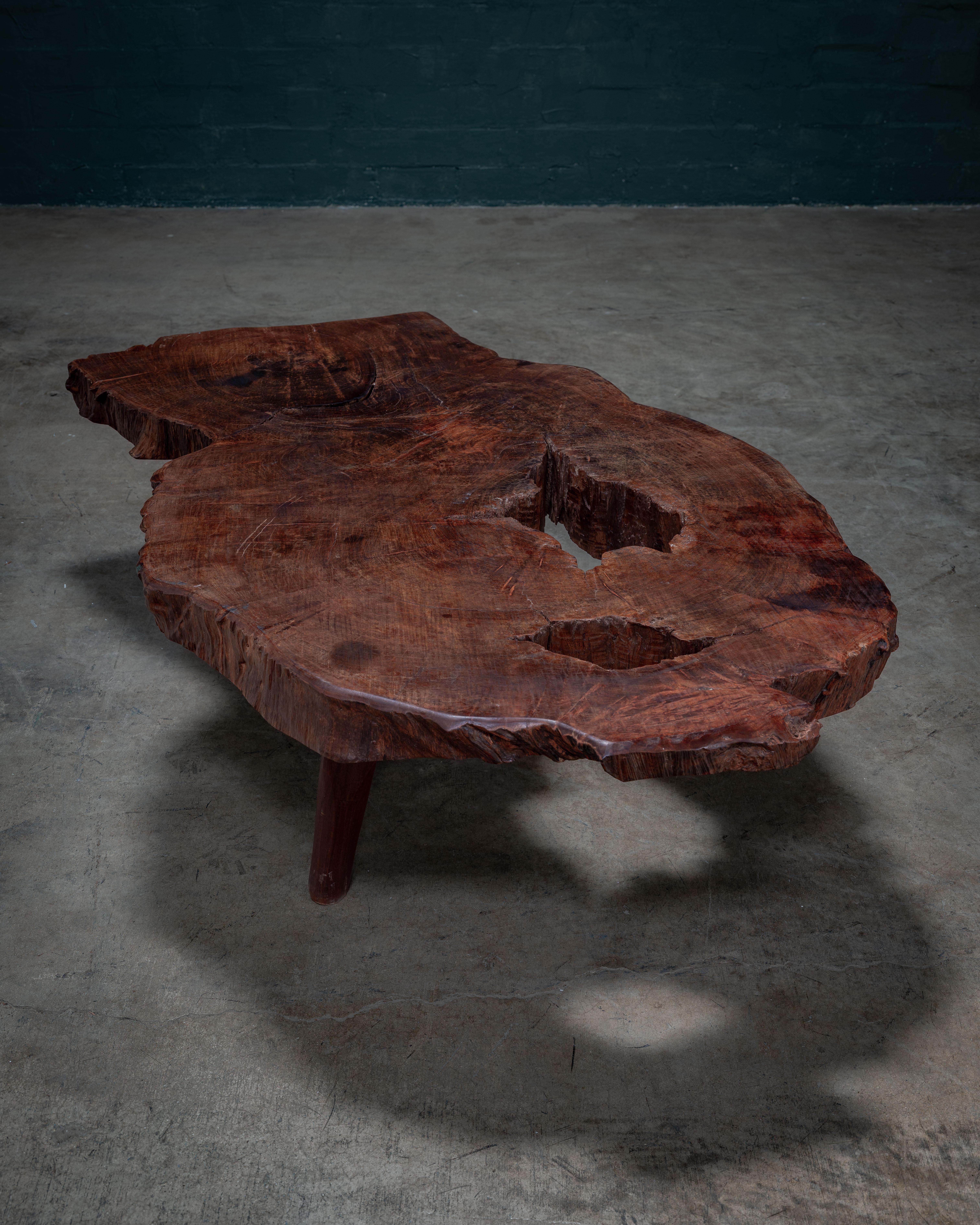Brazilian Organic Live-Edge Cross-Cut Slab Coffee Table Crafted from Salvaged Ipé trees. For Sale