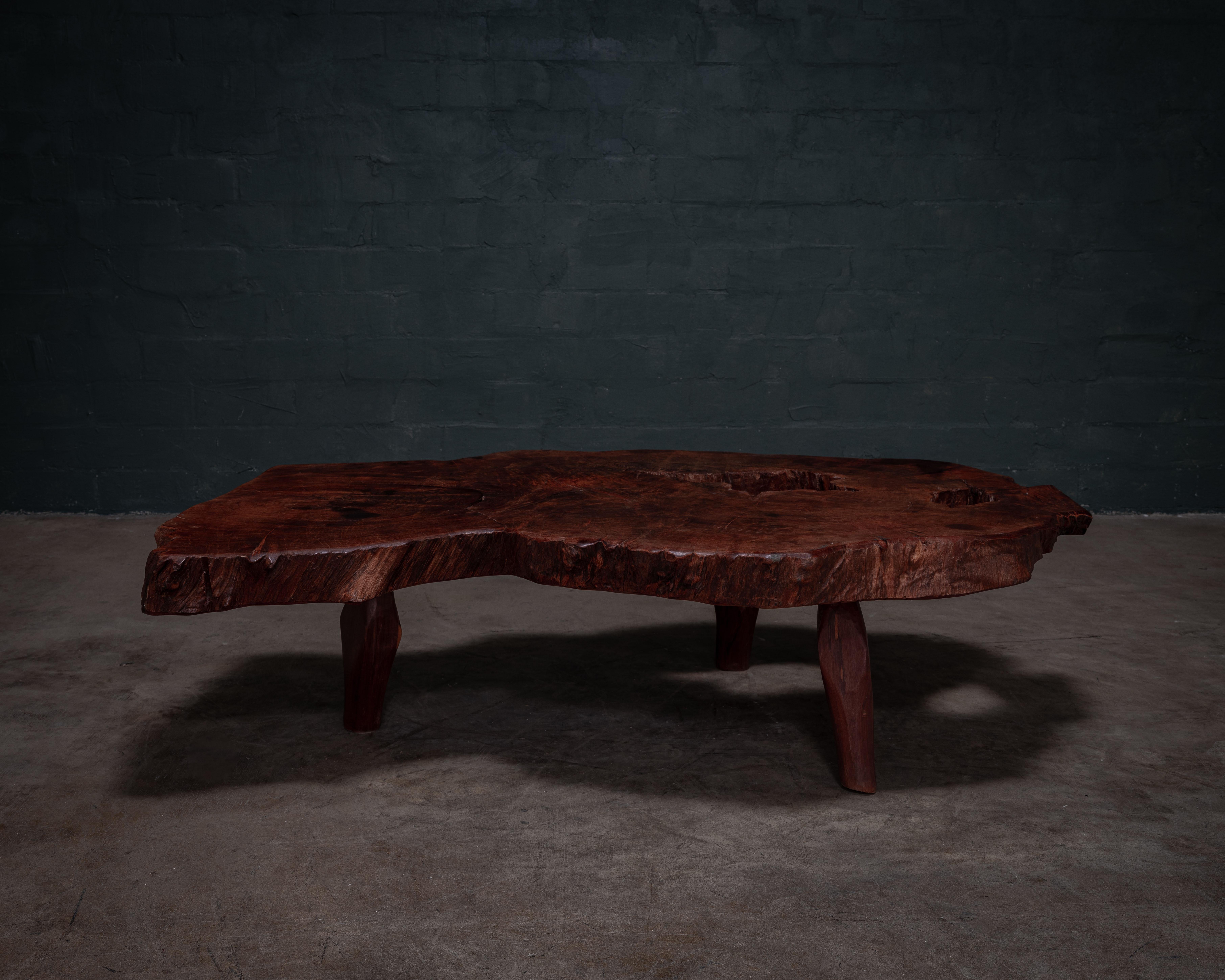 Hand-Crafted Organic Live-Edge Cross-Cut Slab Coffee Table Crafted from Salvaged Ipé trees. For Sale