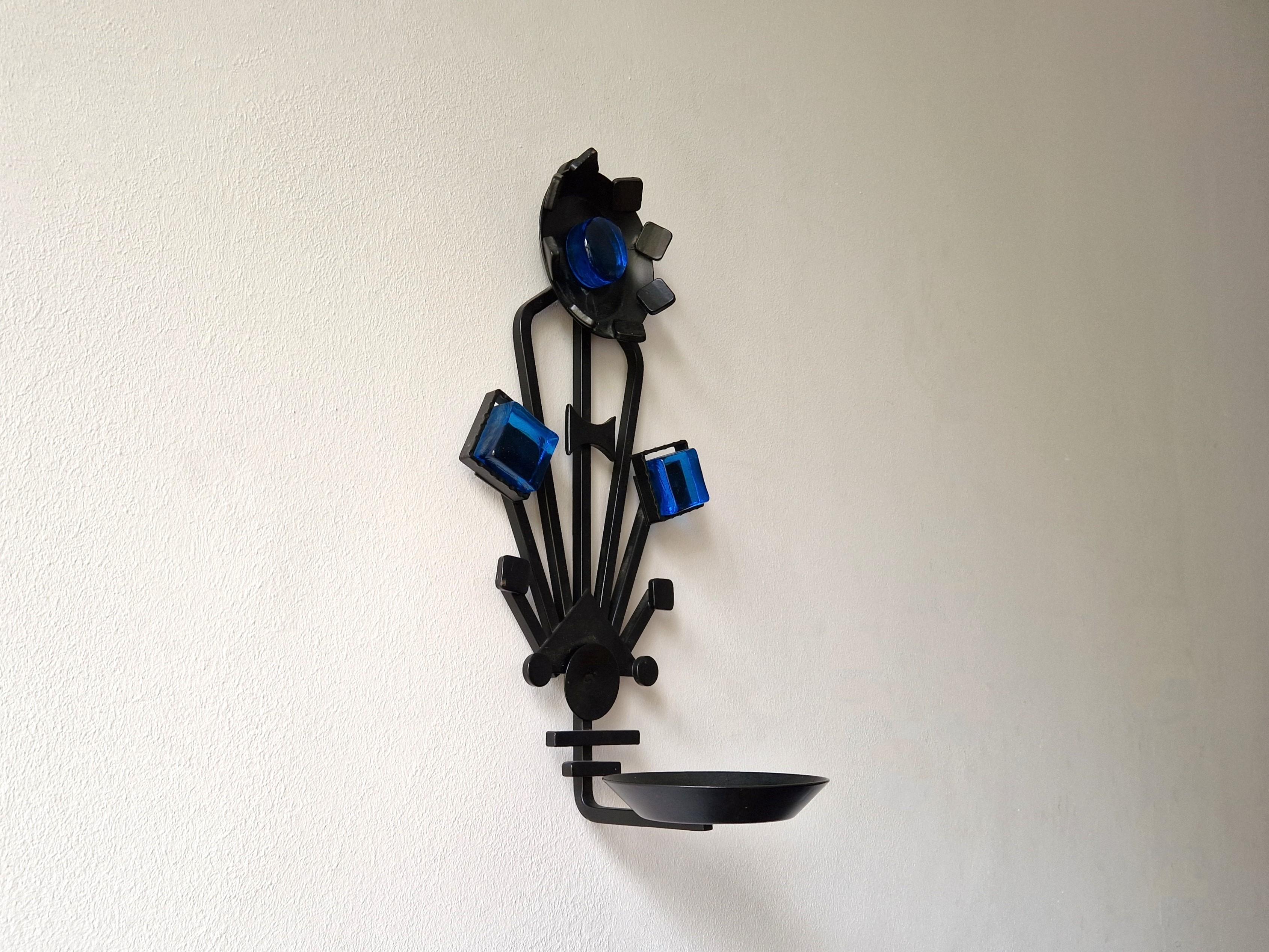 Mid-Century Modern Sculptural Iron and blue glass candle sconce for Dantoft, Denmark 1960's/1970's For Sale