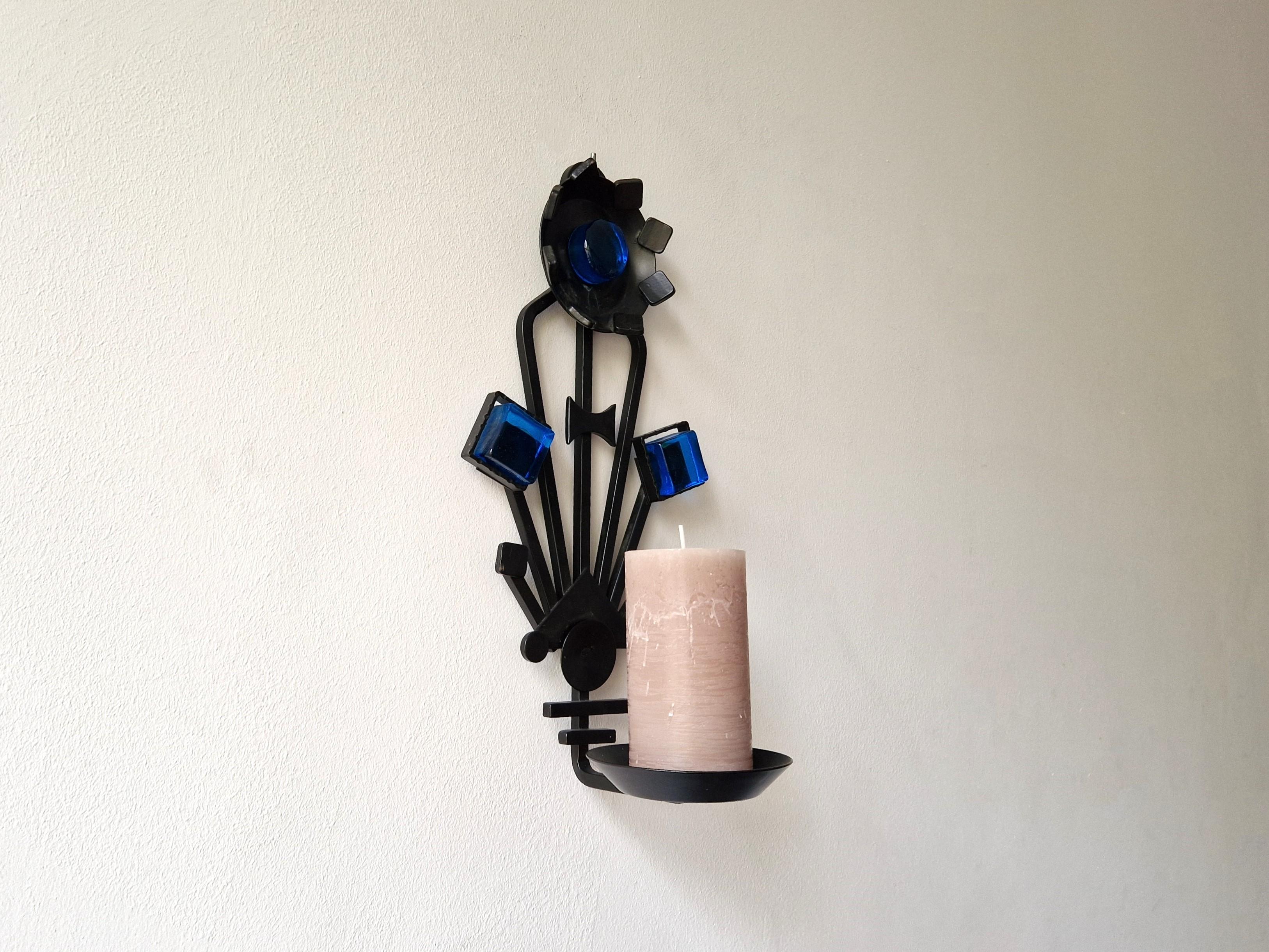 Glass Sculptural Iron and blue glass candle sconce for Dantoft, Denmark 1960's/1970's For Sale