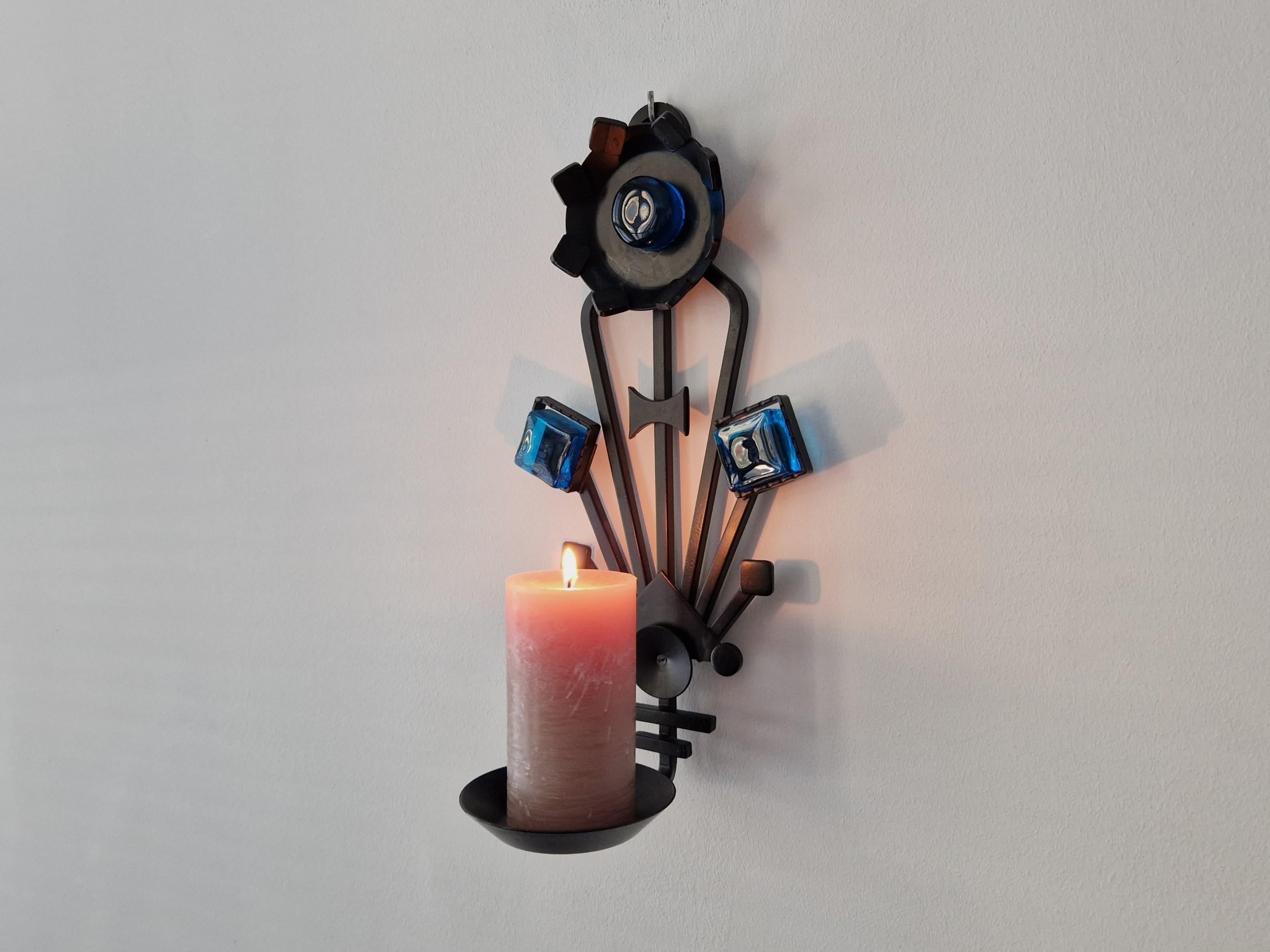 Sculptural Iron and blue glass candle sconce for Dantoft, Denmark 1960's/1970's For Sale 1