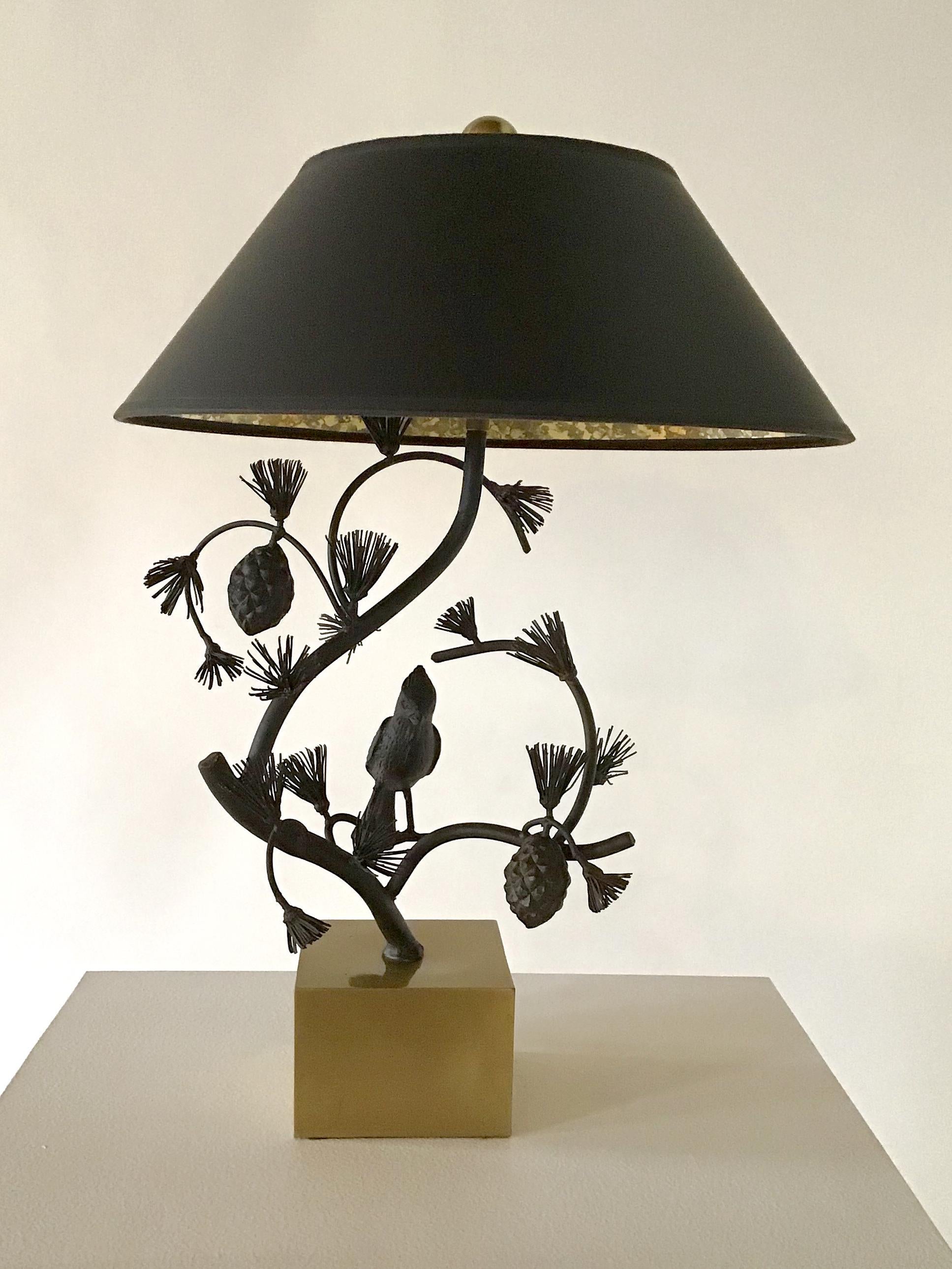 American Sculptural Iron and Brass Bird in a Tree Lamp by Chapman