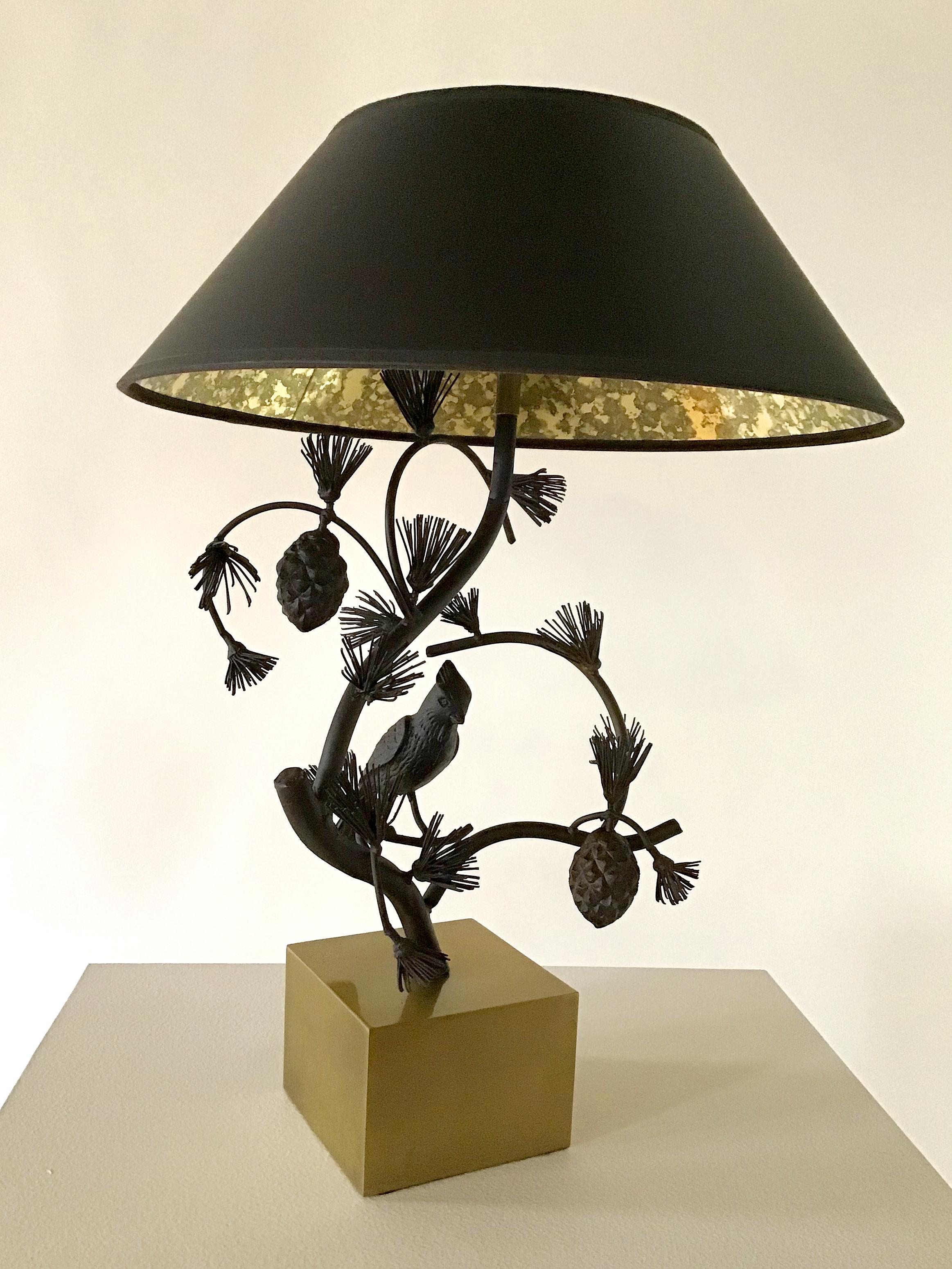 Sculptural Iron and Brass Bird in a Tree Lamp by Chapman In Good Condition In Chicago, IL