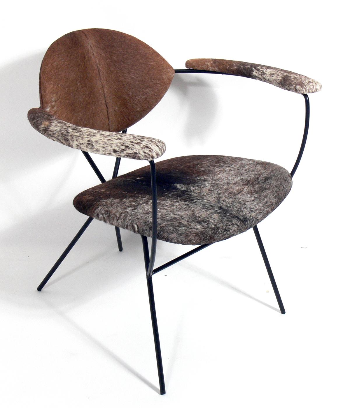 Mid-Century Modern Sculptural Iron and Cowhide Lounge Chair by Joseph Cicchelli