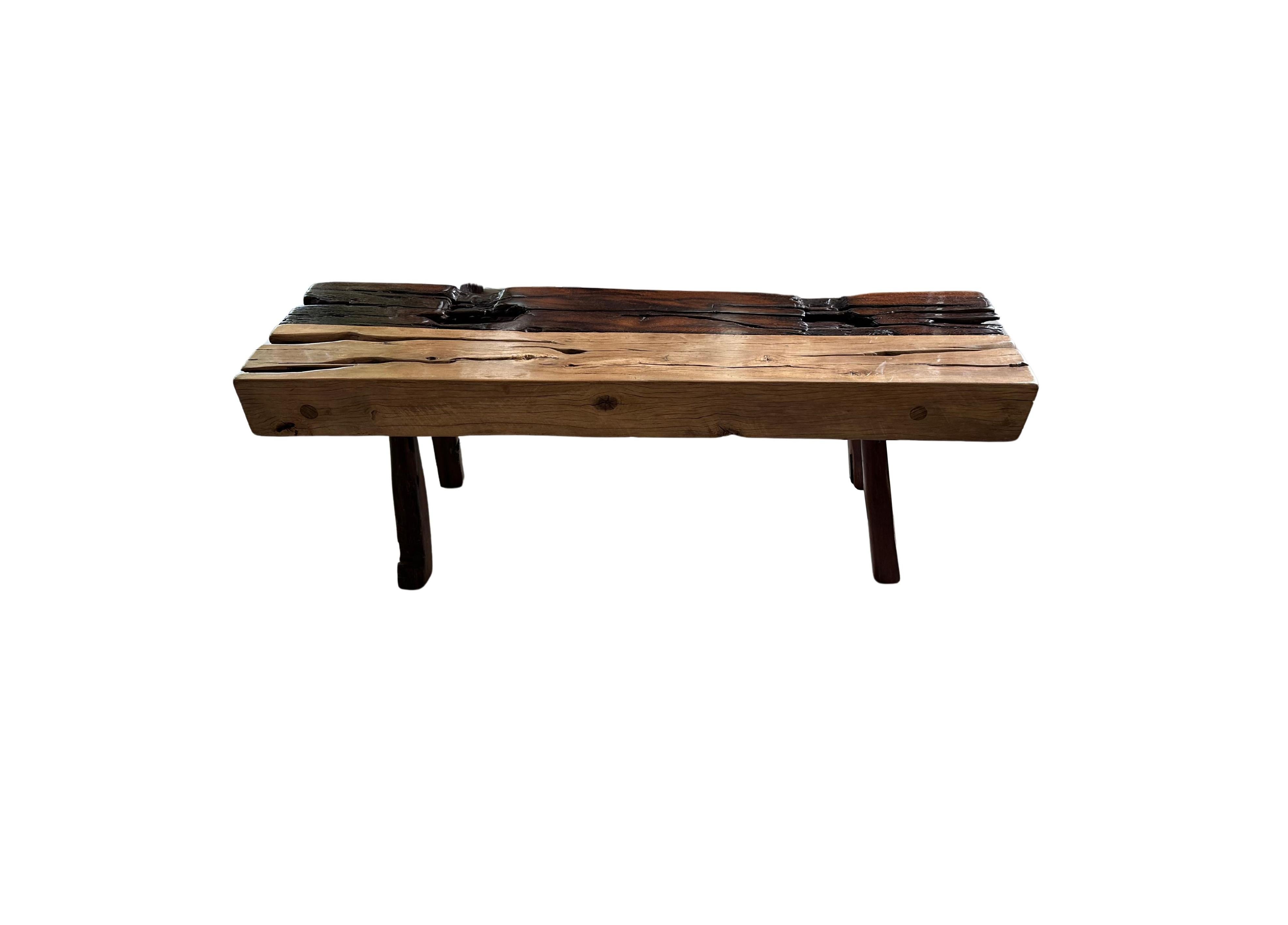 Indonesian Sculptural ironwood Bench Stunning Wood Textures, Modern Organic For Sale