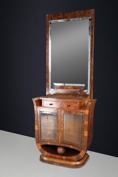 Sculptural Italian Art Deco Walnut Vanity with Mirror, Naples, 1930s.