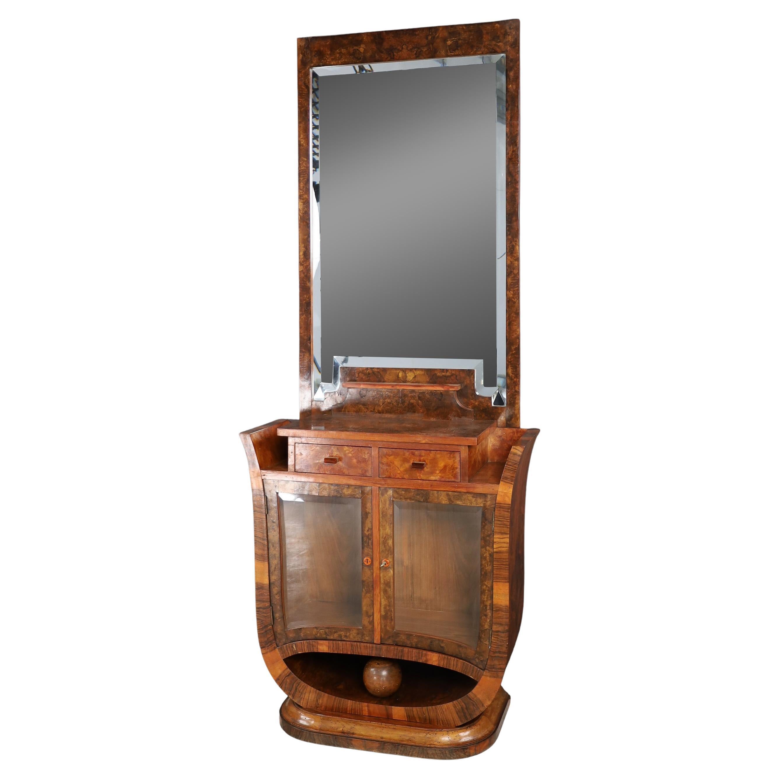Sculptural Italian Art Deco Walnut Vanity with Mirror, Naples, 1930s.