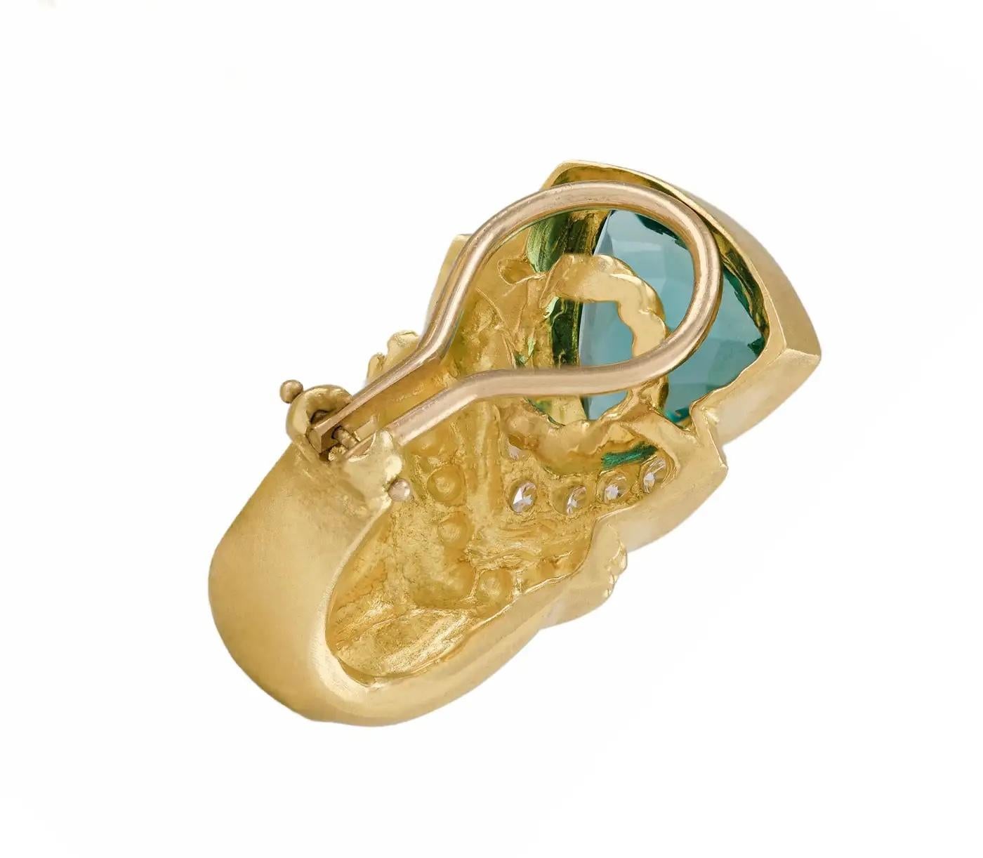 Artisan Sculptural Italian Bold Gold Tourmaline 10.00ct Diamond Ear Clips 18k Solid en vente