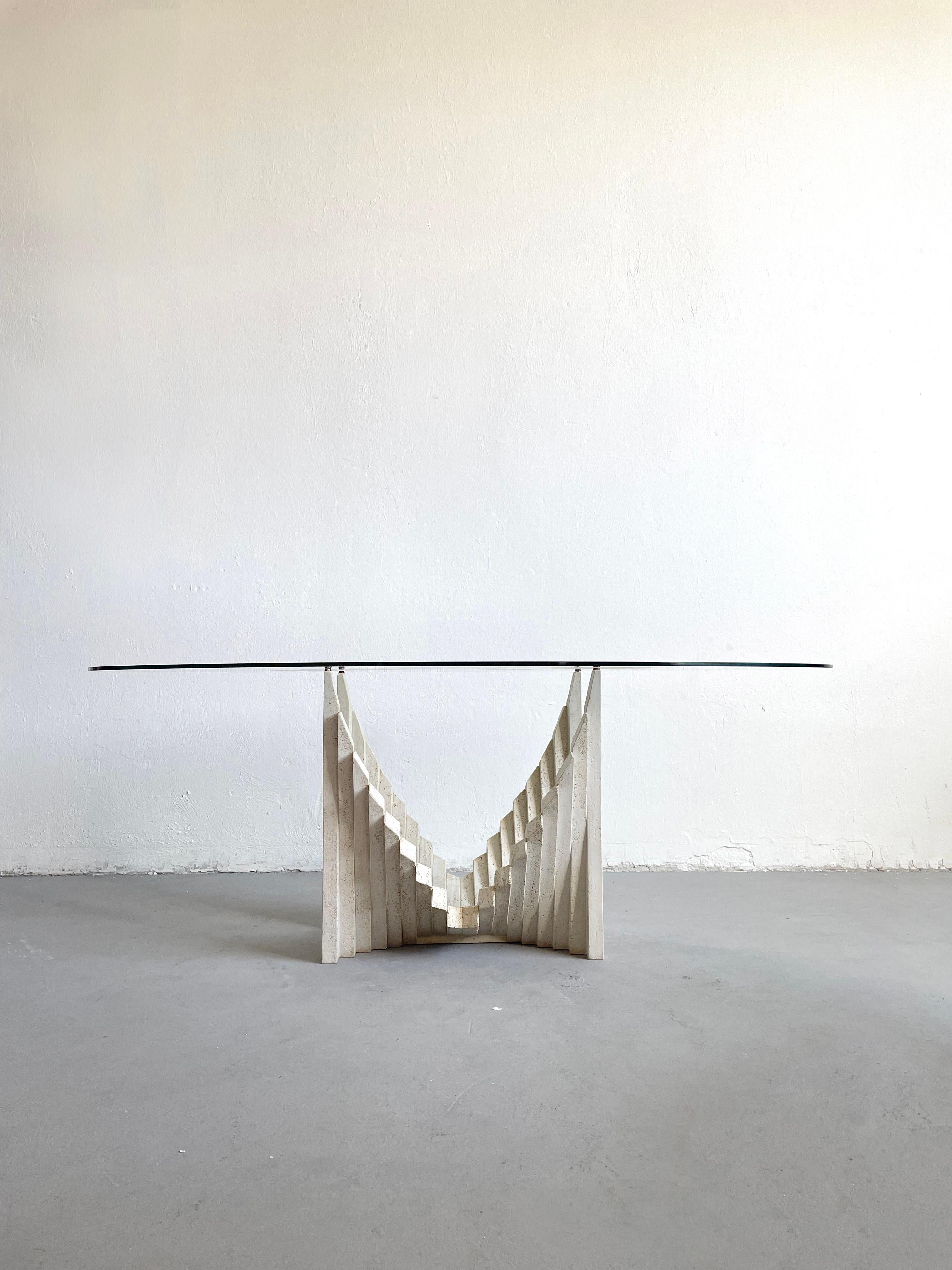 Sculptural Italian Brutalist Dining Table from the 1970s, Travertine and Glass 12