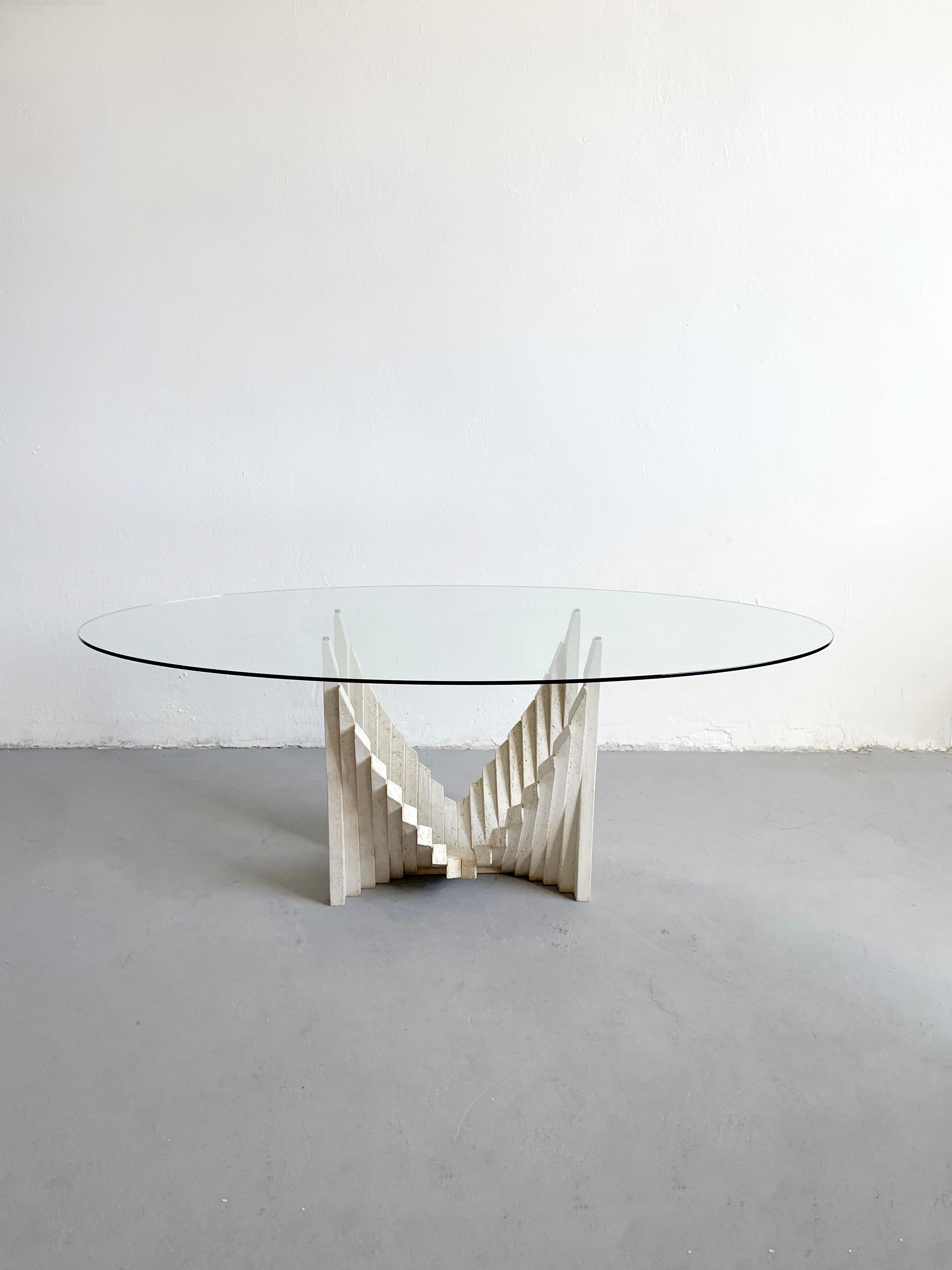 Sculptural Italian Brutalist Dining Table from the 1970s, Travertine and Glass 13