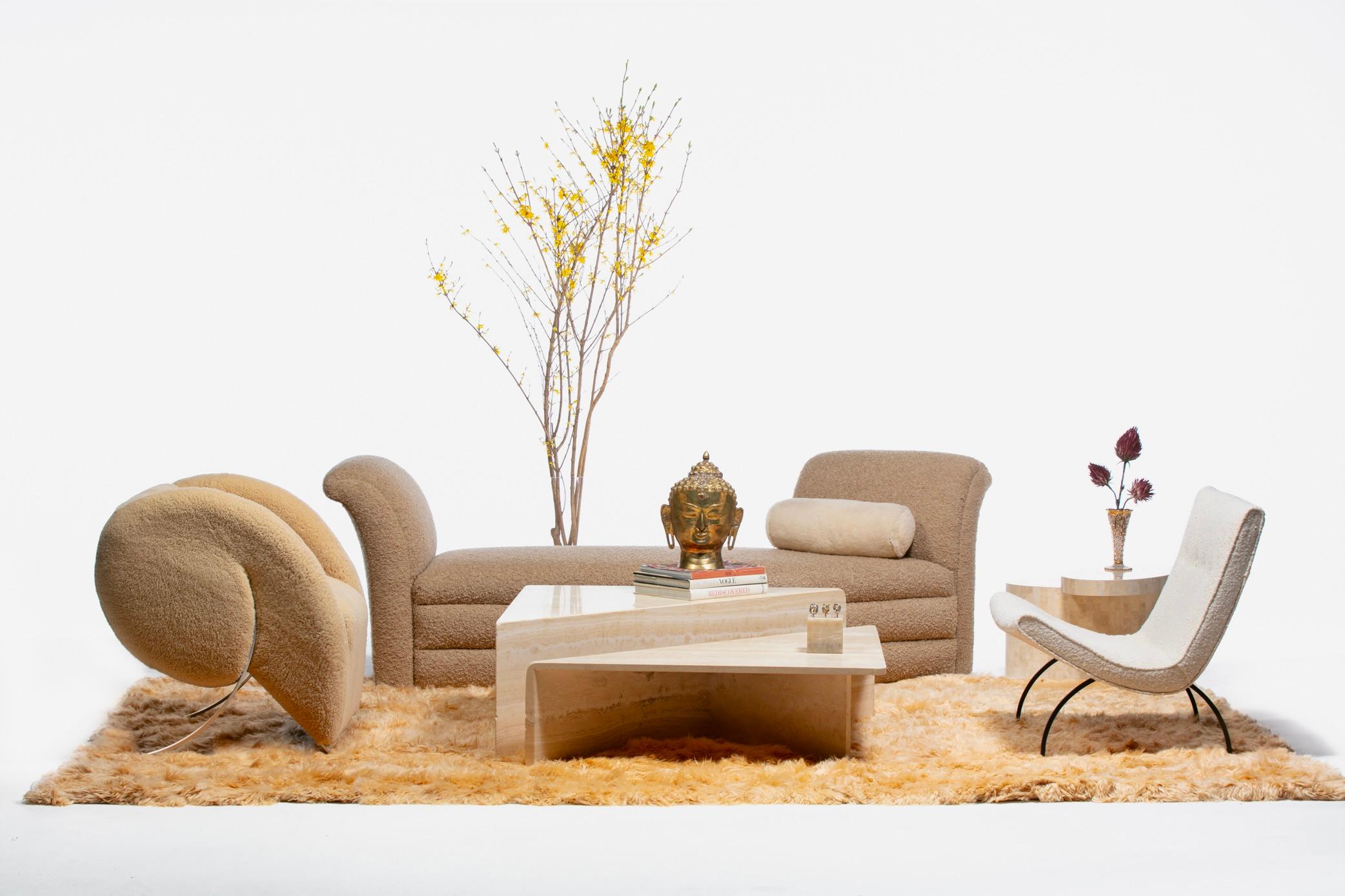 Ride in style atop this Post Modern Italian Arflex lounge chair newly upholstered in hand sewn shearling hides. What can only be described as the modern Italian chariot of lounge chairs, this chic Arflex chair hits all the marks with a sculptural