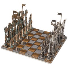 Antique Sculptural Italian Chess Game in Metal and Glass 