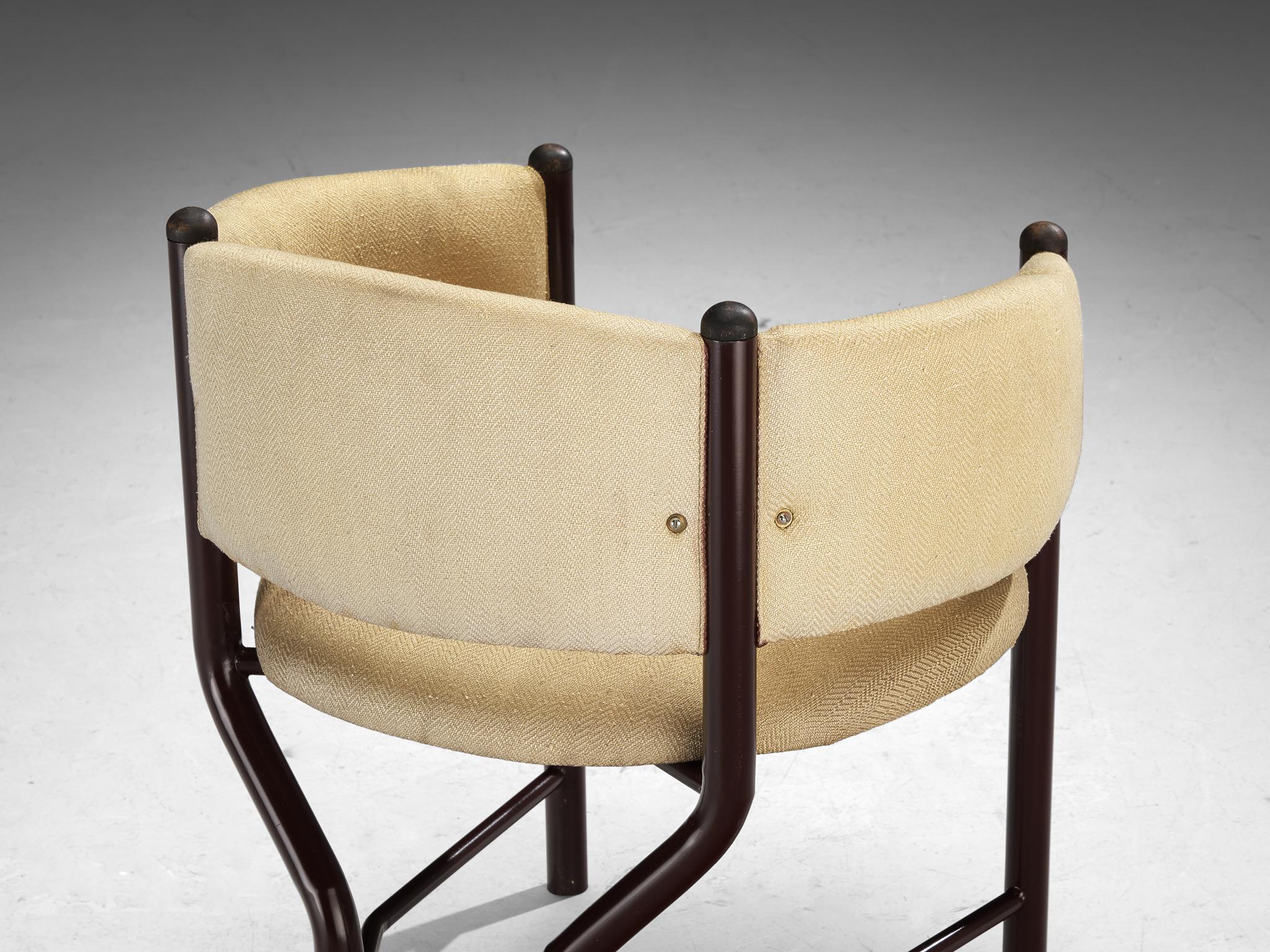 Dining chair, fabric, coated steel, wood, Italy, 1960s

This Italian-designed armchair is characterized by their striking sculptural silhouette, featuring sculpted lines and sharply angled contours. The backrest elegantly curves into a circular