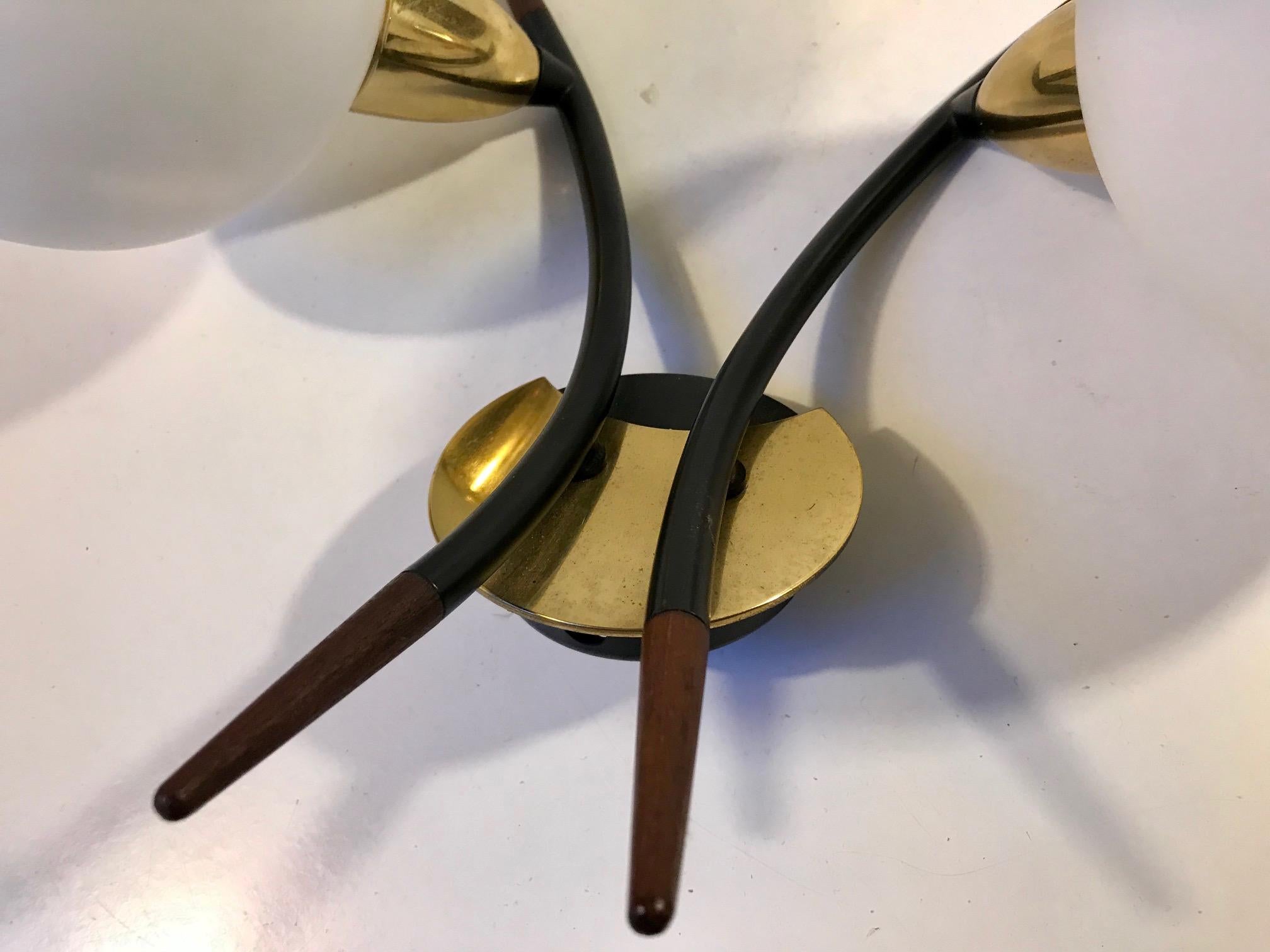Sculptural Italian Double Sconce in Brass, Teak and Opaline Glass, 1950s In Good Condition In Esbjerg, DK