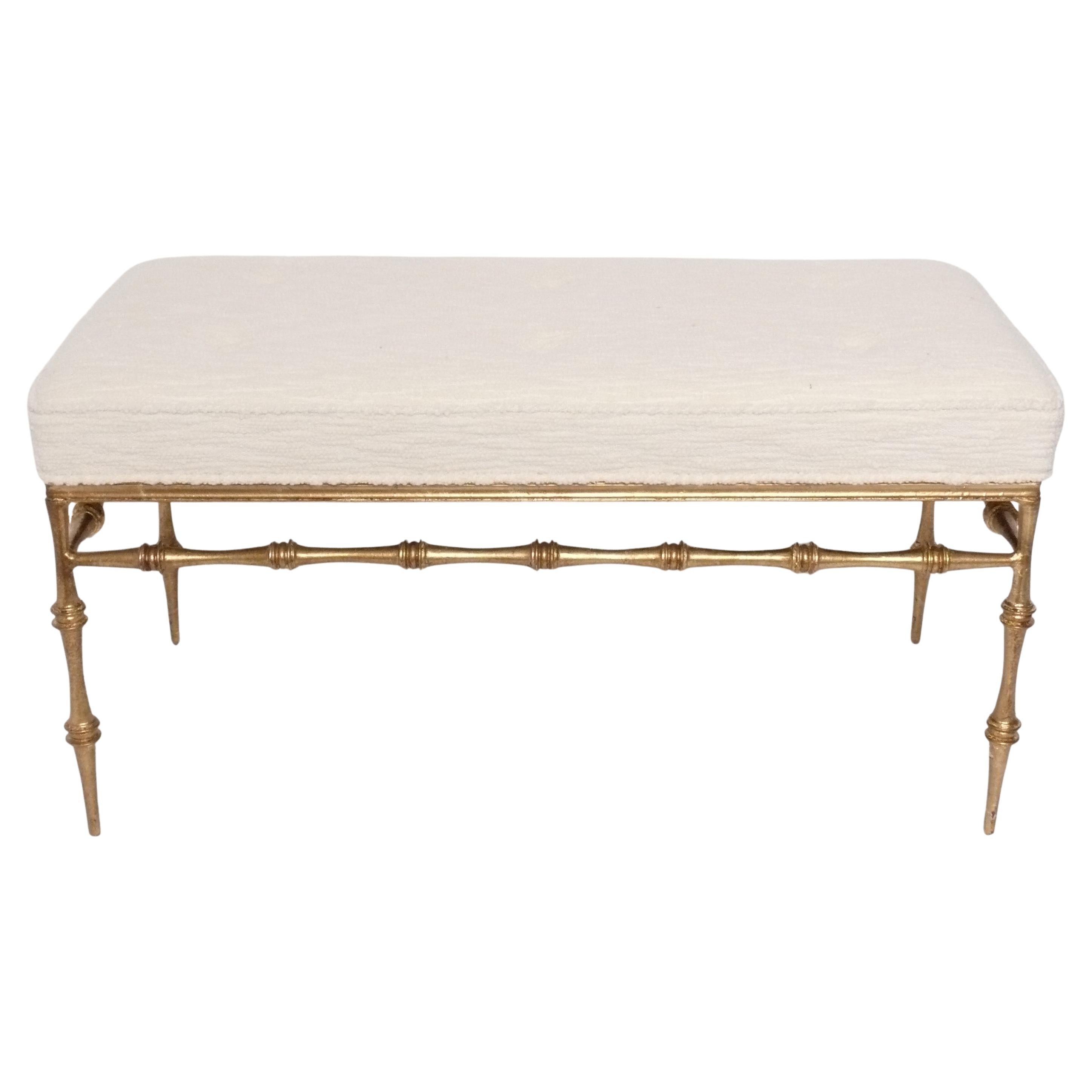 Sculptural Italian Gilt Metal Bench New Ivory Color Boucle Fabric