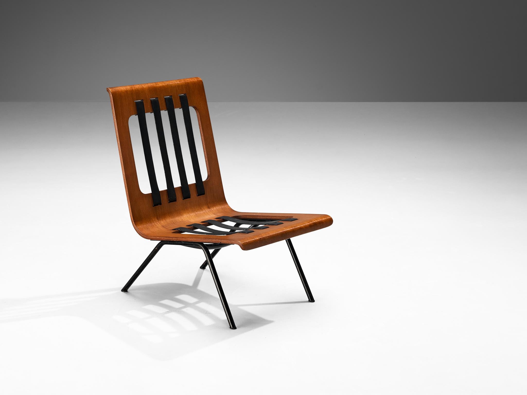 Lounge chair, teak, metal, fabric, Italy, circa 1960.

This midcentury Italian easy chair is designed in the style of Franco Campo and Carlo Graffi. The curved teak seat features black elastic bands on both seat and back. The frame and legs are