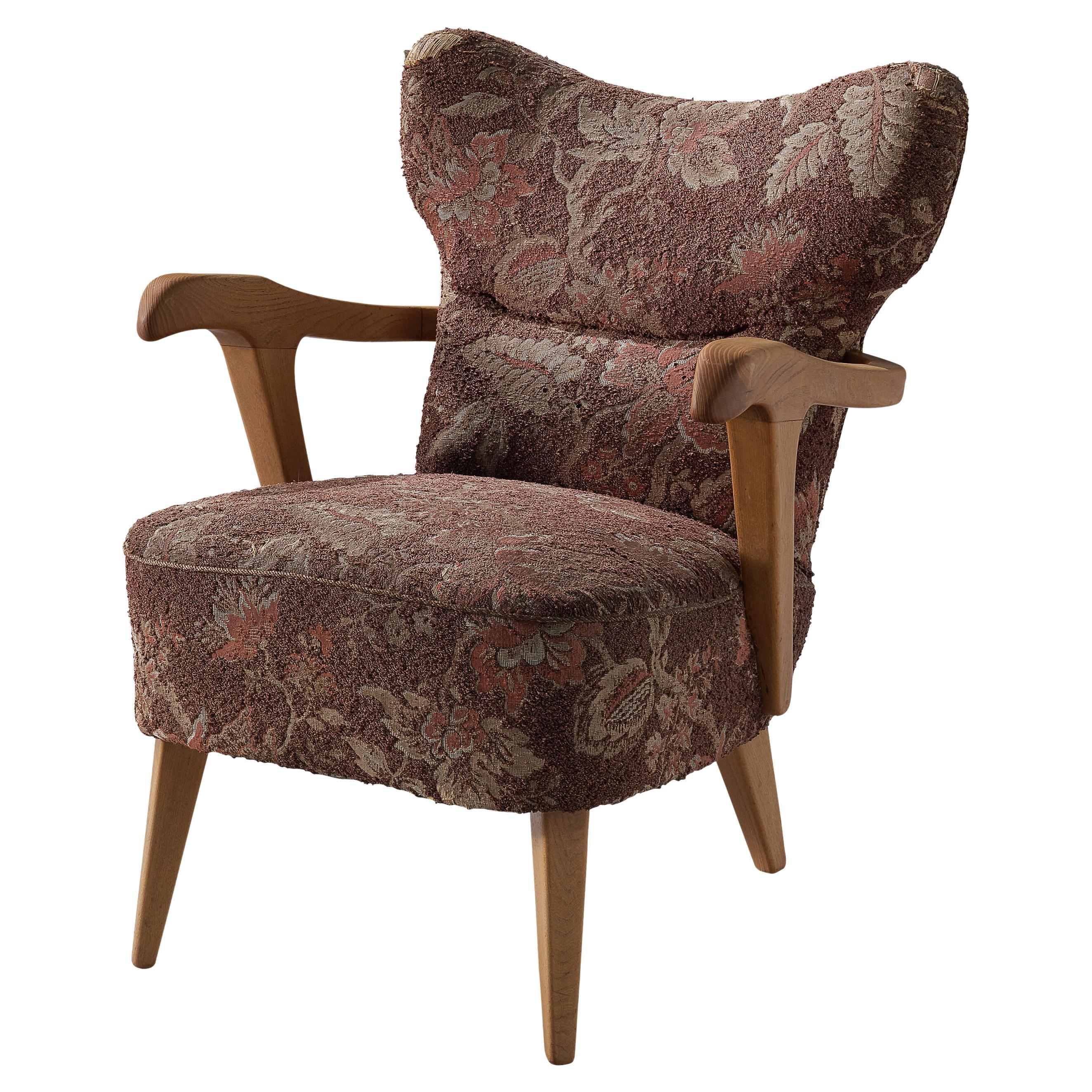 Sculptural Italian Lounge Chair in Oak and Floral Upholstery